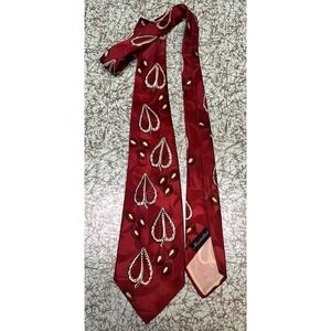 VTG Manhattan Red Satin Tie Leaf & Pod Pattern 60s 70s